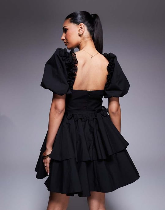 open lace back dress Rent ASOS LUXE Corsetted Chiffon Draped Sash Mini Dress With Organza Sleeve  In Black main image 1