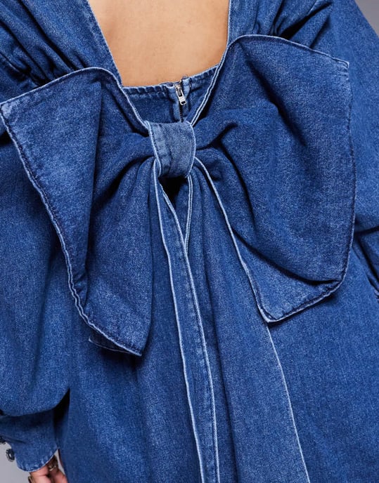 ASOS LUXE denim long sleeve baby doll mini dress with bow back in blue - Image 2