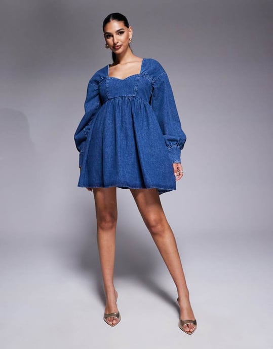 ASOS LUXE denim long sleeve baby doll mini dress with bow back in blue