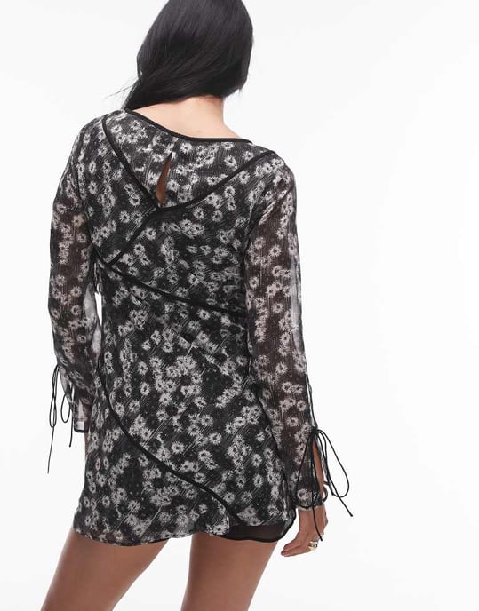 Topshop panelled mini tea dress in small mono floral - Image 4