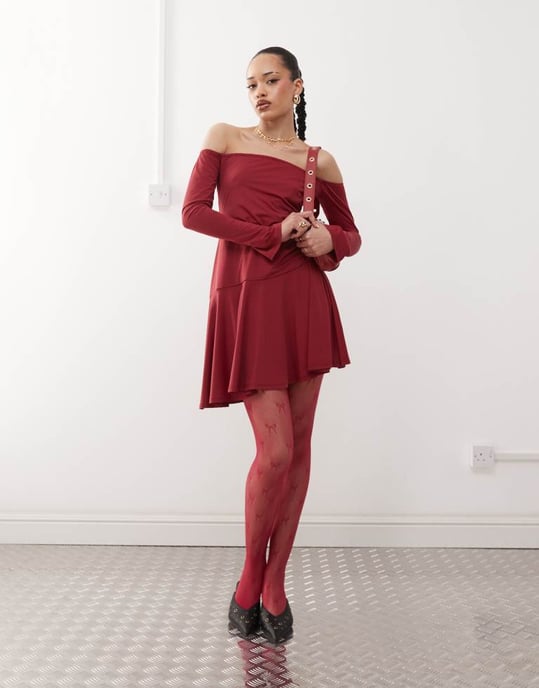 Labelrail x Jennifer McKing slinky ruffle off-shoulder mini dress in burgundy - Image 2