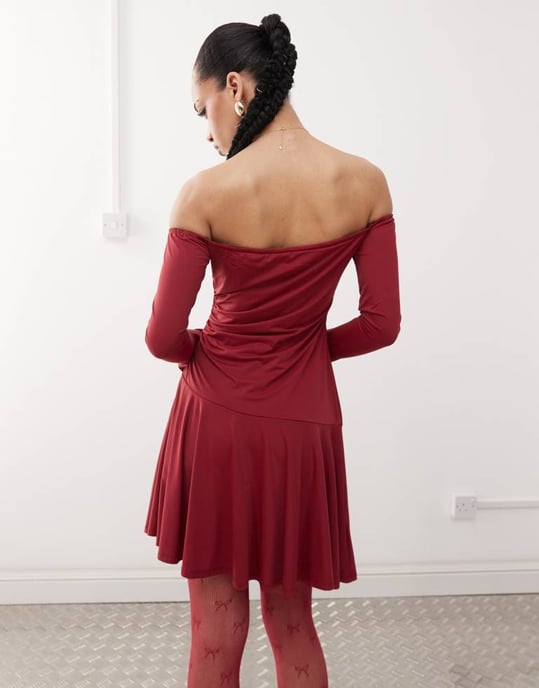 Labelrail x Jennifer McKing slinky ruffle off-shoulder mini dress in burgundy - Image 3