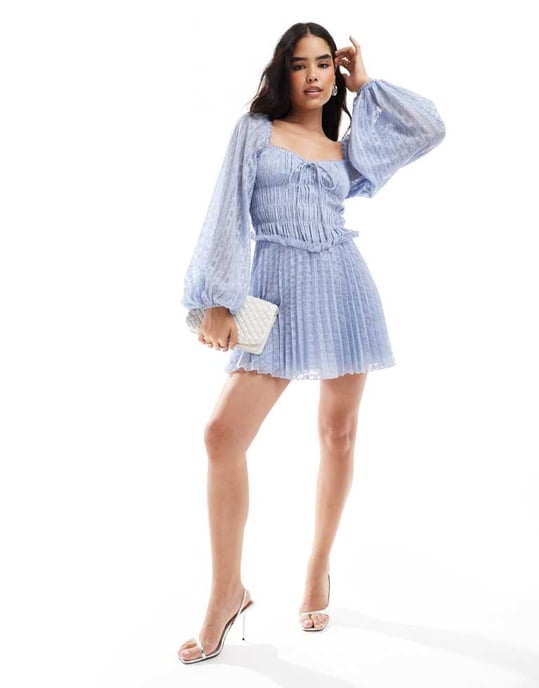 ASOS DESIGN metallic dobby milkmaid long sleeve pleated mini dress in sky blue - Image 2