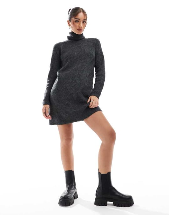 Pieces roll neck mini jumper dress in dark grey - Image 2