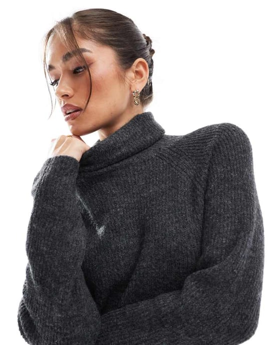 Pieces roll neck mini jumper dress in dark grey - Image 3