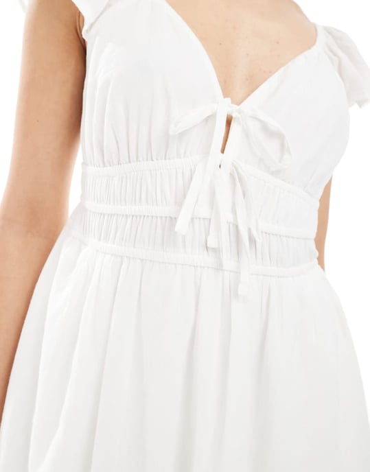Hollister short sleeve shirred waist detail mini skater dress in white - Image 3