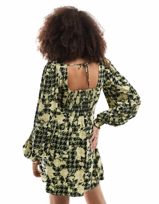 ASOS DESIGN square neck blouson sleeve mini dress in green and yellow floral print - Image 2