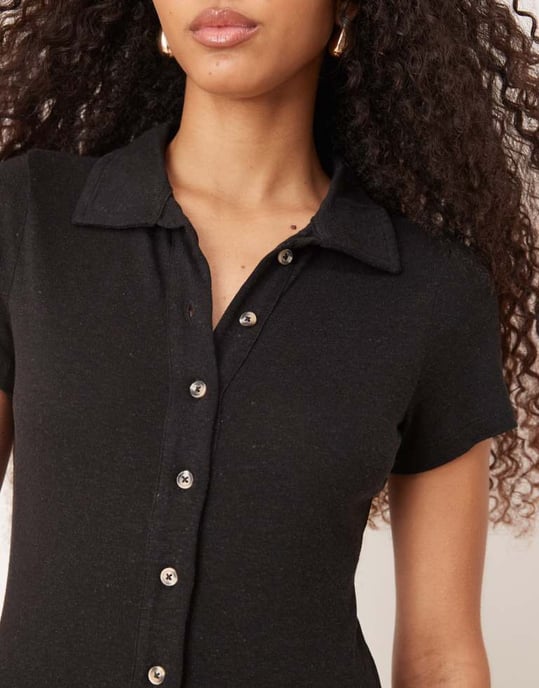 ASOS DESIGN collared mini column tea dress with button front and cap sleeve in black - BLACK - Image 3