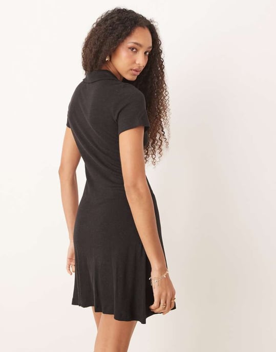 ASOS DESIGN collared mini column tea dress with button front and cap sleeve in black - BLACK - Image 4