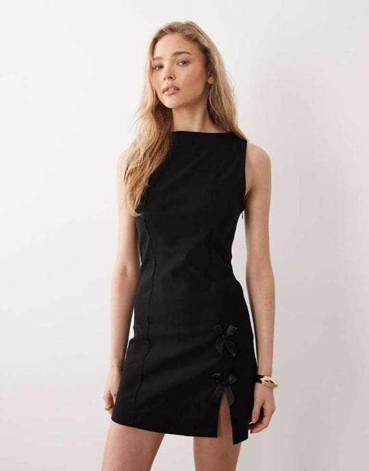 ASOS DESIGN bengaline mini slash neck dress with bow detail in black - Image 2