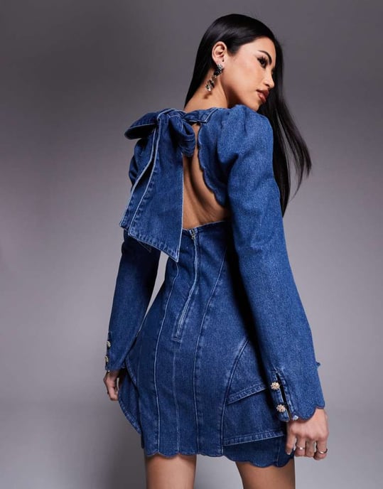 ASOS LUXE denim structured mini dress with scallop detail and back bow in blue - Image 2