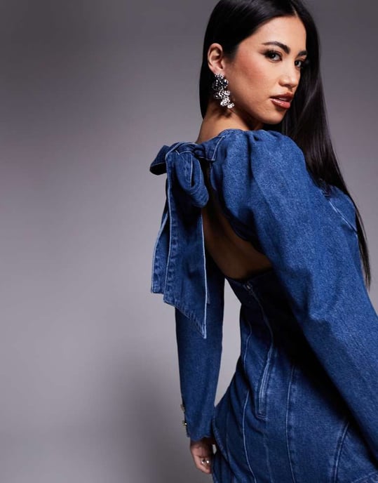 ASOS LUXE denim structured mini dress with scallop detail and back bow in blue - Image 3