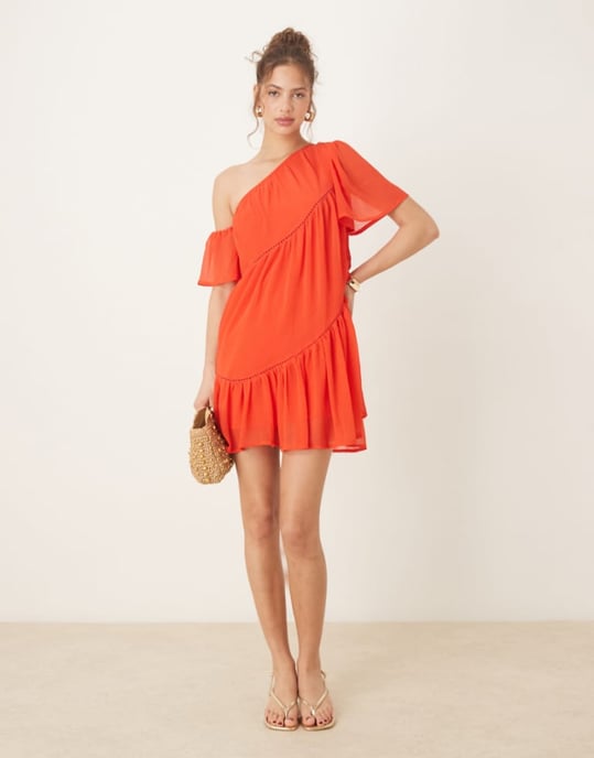 ASOS DESIGN one shoulder chiffon smock mini dress with ladder trims in red - Image 1