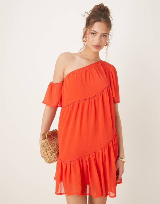 ASOS DESIGN one shoulder chiffon smock mini dress with ladder trims in red - Image 4