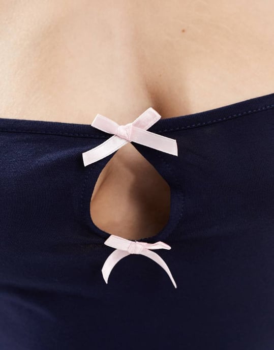 Miss Selfridge square neck pink satin bow mini dress in navy - Image 4