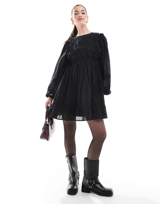 Miss Selfridge long sleeve pintuck trim insert mini dress in black - Image 3