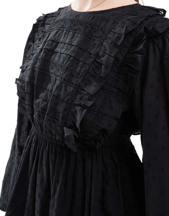 Miss Selfridge long sleeve pintuck trim insert mini dress in black - Image 4