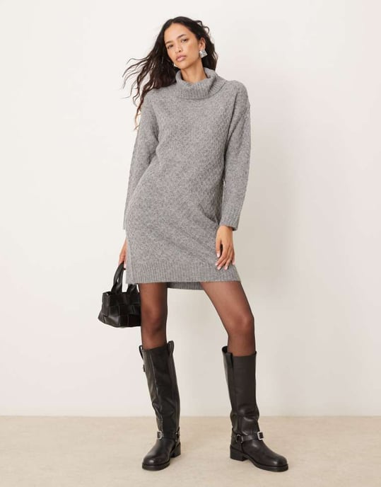 JDY roll neck knitted mini dress in grey - Image 3