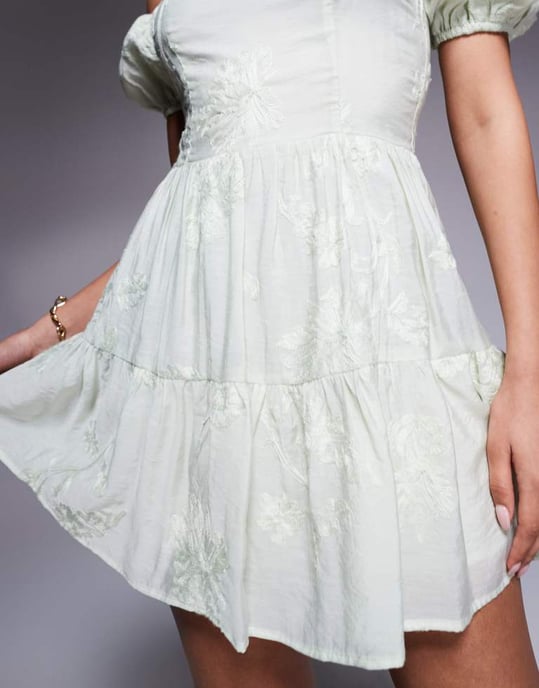 Kaiia exclusive cotton rich embroidered bardot puff sleeve tiered mini dress in sage - Image 2