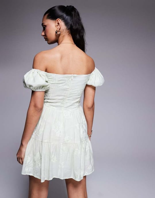 Kaiia exclusive cotton rich embroidered bardot puff sleeve tiered mini dress in sage - Image 4
