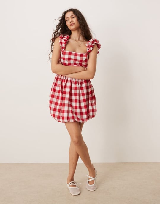 ASOS DESIGN square neck mini smock dress with bubble hem in red gingham - Image 3