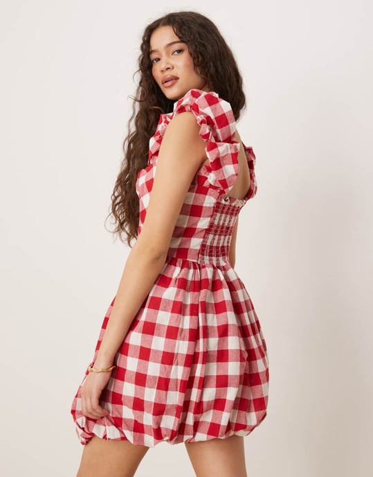 ASOS DESIGN square neck mini smock dress with bubble hem in red gingham - Image 4