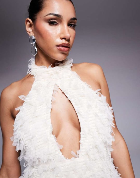 ASOS LUXE textured halter mini dress with bow back in cream - Image 3