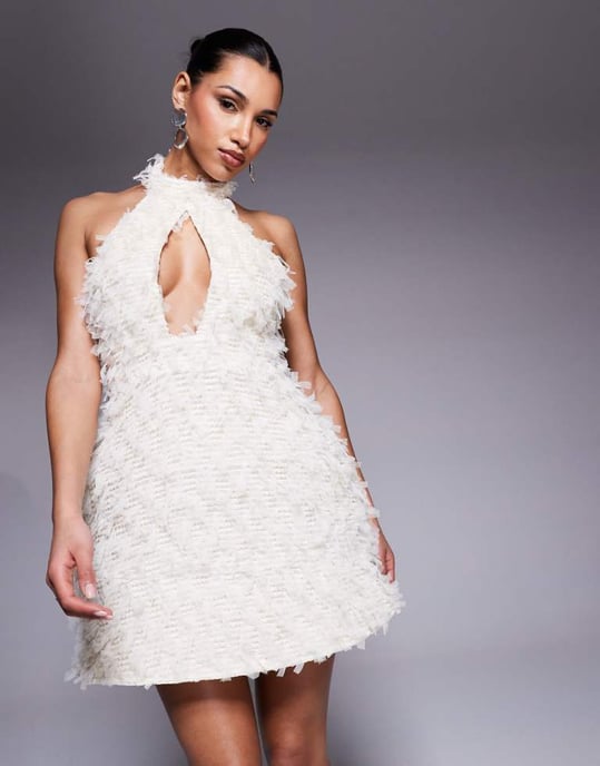 ASOS LUXE textured halter mini dress with bow back in cream - Image 4