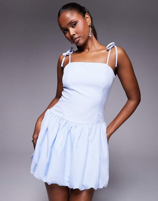 Kaiia exclusive tie shoulder puffball mini dress in blue gingham - Image 1