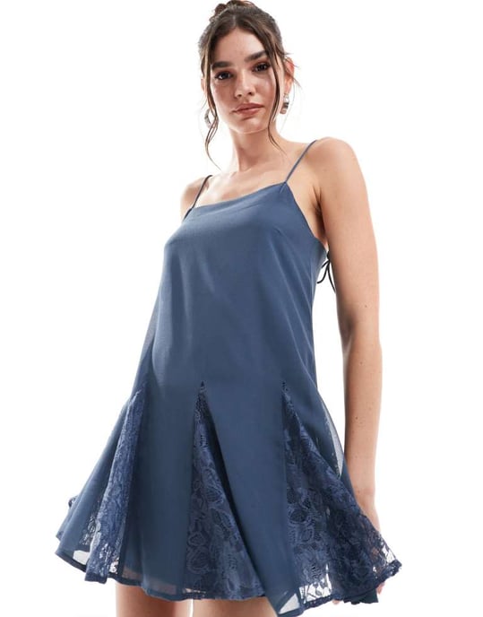 ASOS DESIGN lace godet hem strappy mini dress in teal blue - Image 3