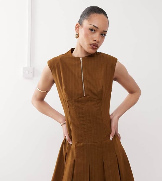 Labelrail x Jennifer McKing corset panneled pinstripe mini dress in brown - Image 1