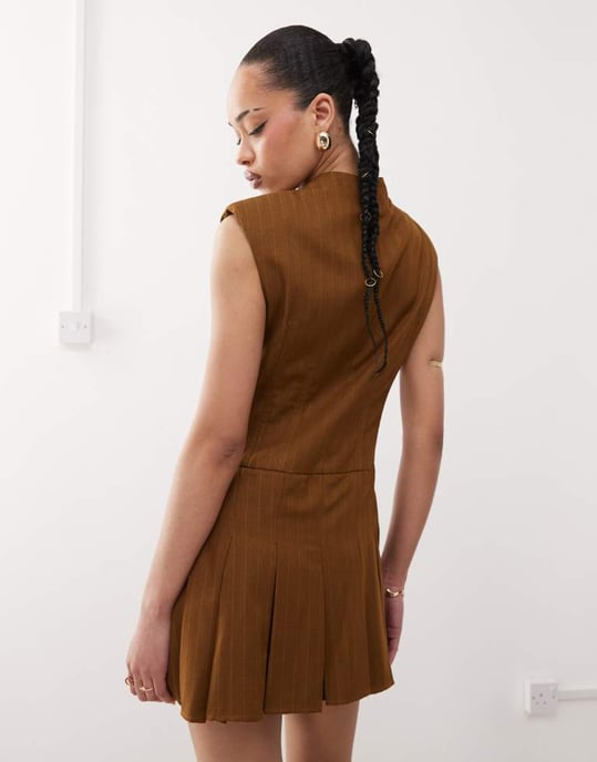 Labelrail x Jennifer McKing corset panneled pinstripe mini dress in brown - Image 3