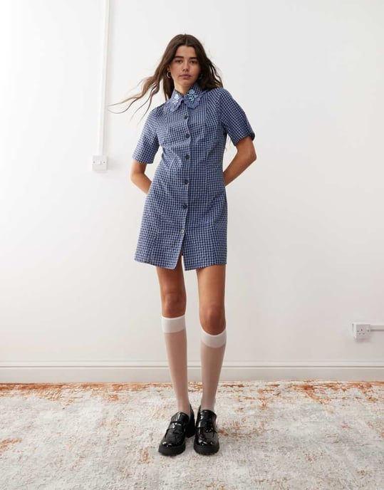 Reclaimed Vintage mini shirt dress in blue check - Image 4
