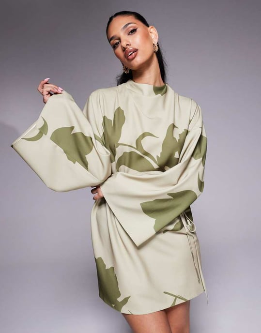 ASOS DESIGN kimono sleeve mini dress in two tone floral - Image 2