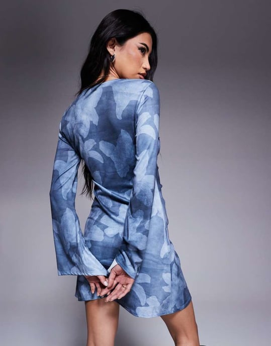 ASOS DESIGN V neck ruched with flare sleeve mini dress in blue floral - Image 3