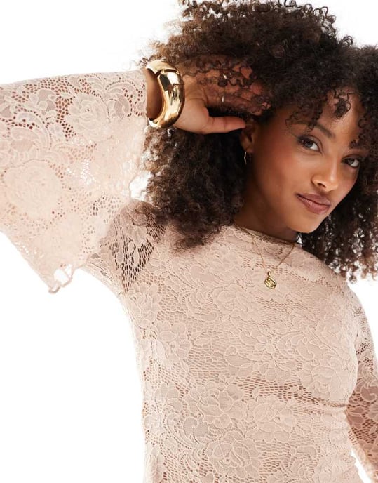 Miss Selfridge flare sleeve boho lace mini dress in neutral - Image 3
