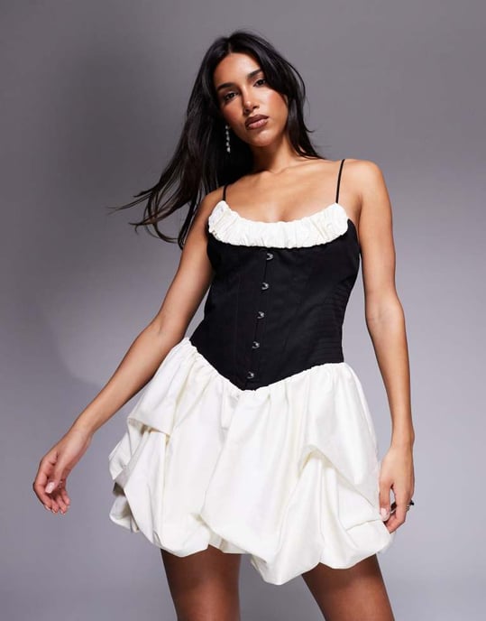 ASOS DESIGN corset puffball mini dress in monochrome - Image 3