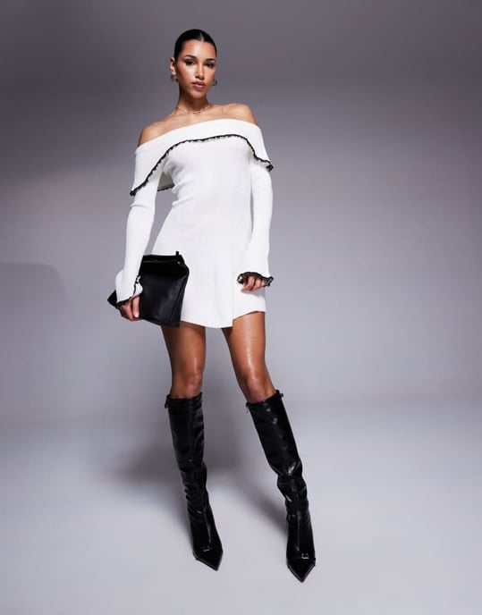 Missyempire knitted bardot fold over lace trim mini dress in white - Image 2