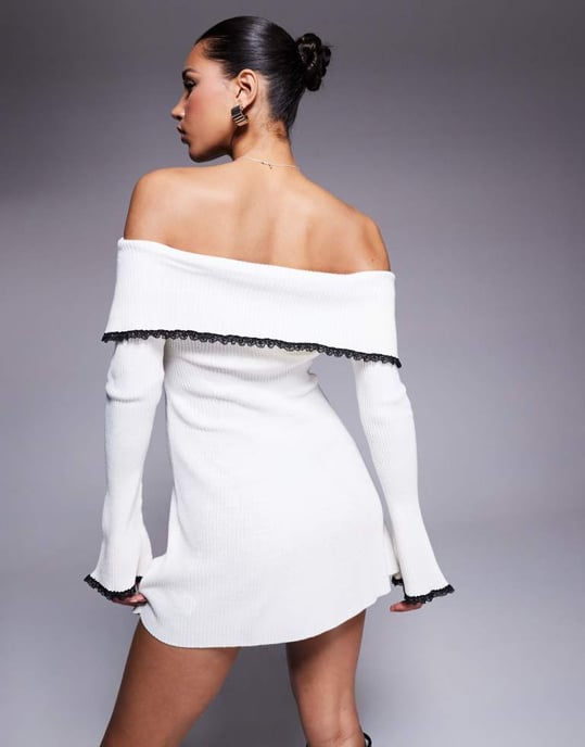Missyempire knitted bardot fold over lace trim mini dress in white - Image 3