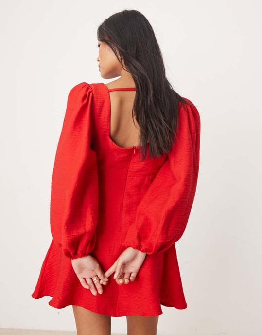 Nobody's Child Petite Loredana long sleeve a-line mini dress in red - Image 3