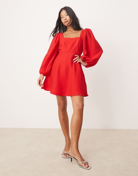 Nobody's Child Petite Loredana long sleeve a-line mini dress in red - Image 4