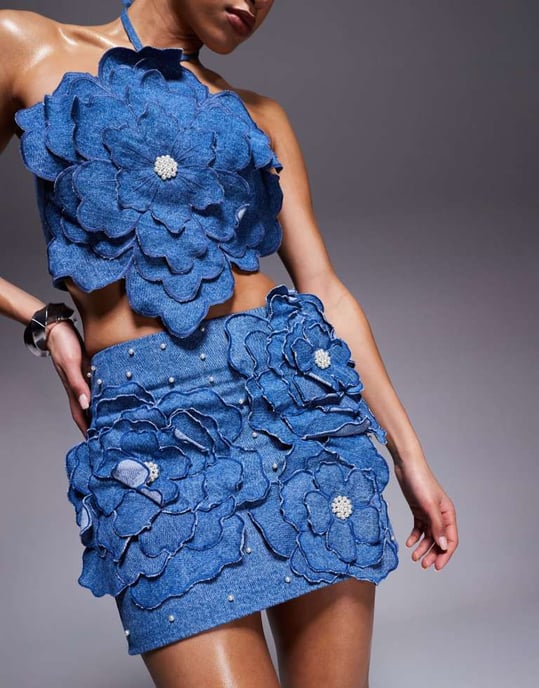 ASOS LUXE denim co-ord mini skirt with 3D floral details in dark wash blue - Image 3