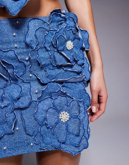 ASOS LUXE denim co-ord mini skirt with 3D floral details in dark wash blue - Image 4