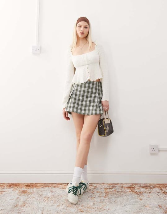 Reclaimed Vintage mini skort in green check - Image 1