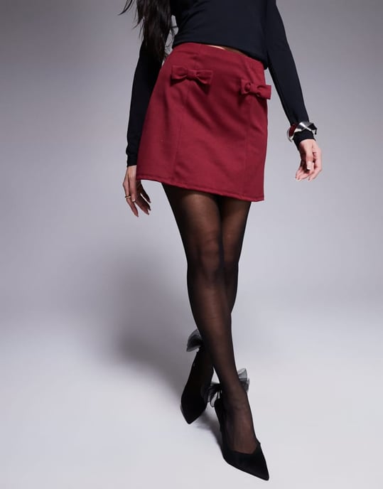 ASOS DESIGN a-line mini skirt with bow details in burgundy - Image 4