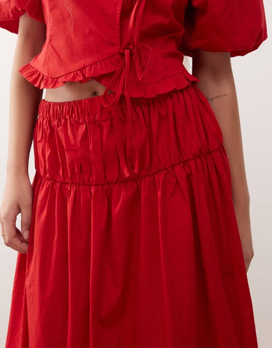 Reclaimed Vintage western cowgirl midi skirt co-ord with pintucks in red cotton - Image 3