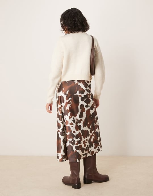 YAS satin midi skirt in brown cow print - Image 4