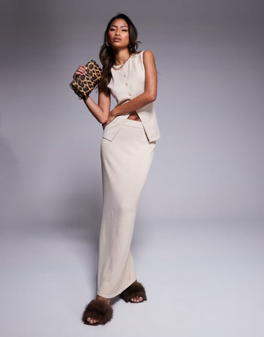 Kaiia exclusive fine knit column maxi skirt co-ord in oatmeal - Image 1