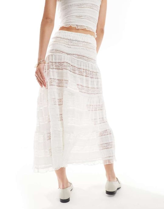 ASOS DESIGN co-ord lace textured tiered smock maxi skirt in white - Image 4