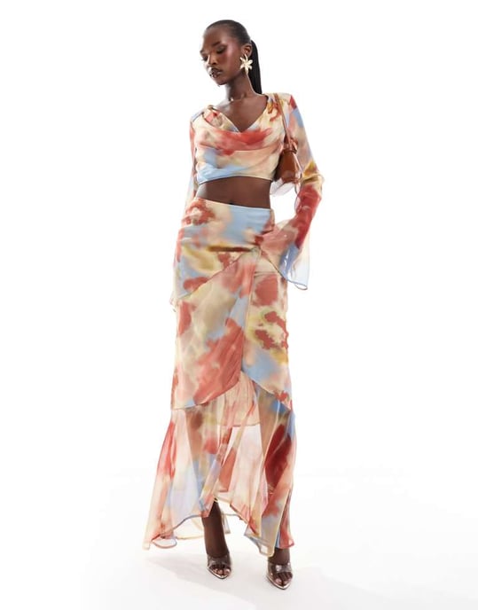 ASOS DESIGN chiffon bias maxi skirt co-ord in blurred print - Image 1